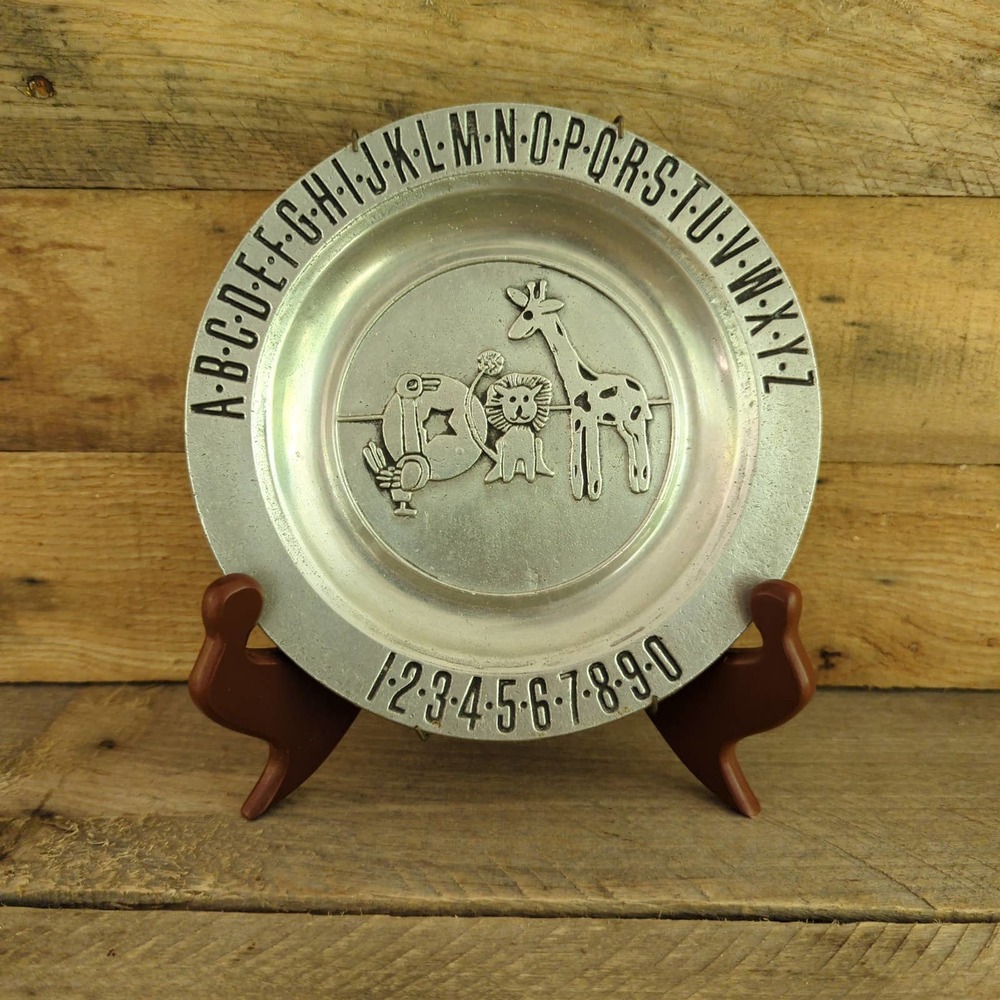 Vintage Pewtarex / Pew-ta-rex Pewter Alphabet / ABC Nursery Plate w/ Wall Hanger